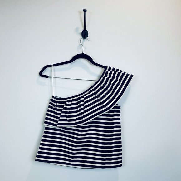 🛑 J. CREW XS One Shoulder Striped Ruffle Top Nautical Blue White G7064 - Picture 8 of 9